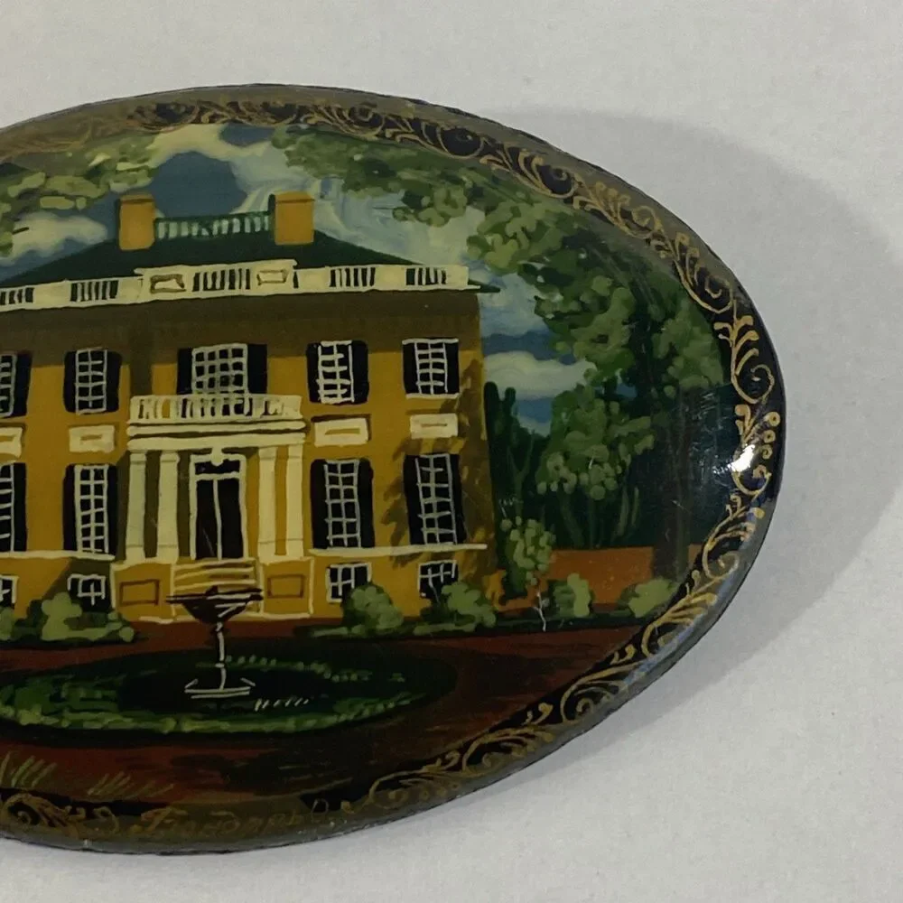 Vintage Handpainted Russian‎ Miniature Scene Landscape Brooch With House 2.5”